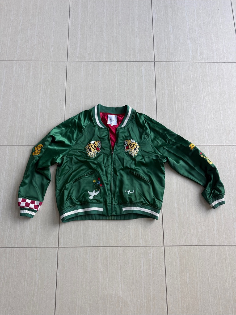 Profound Green Embroidered Satin Bomber Jacket